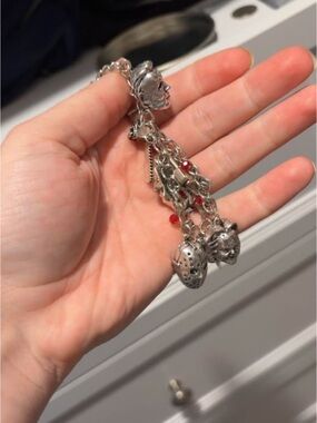 Horror Silver Tone Charm Bracelet with Red Accent Beads